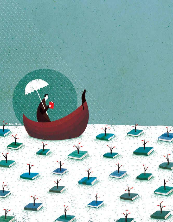 "Navegando entre libros", ilustración de Roger Ycaza (Ecuador).